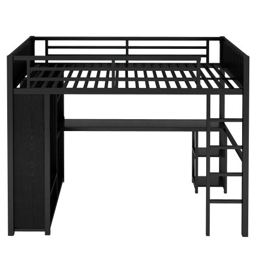 Full XL Size Loft Bed Frame With Built-in Wardrobe, Metal Loft Bed With Desk And Storage Shelves, Black
