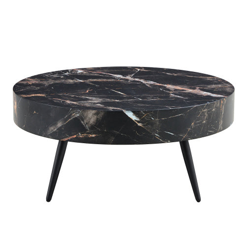 31.5 Black Marble-Patterned MDF Round Coffee Table With Black Metal Legs.Adjustable Feet,Coffee Table,Round Table Design,MDF Material,Black Marble Pattern.