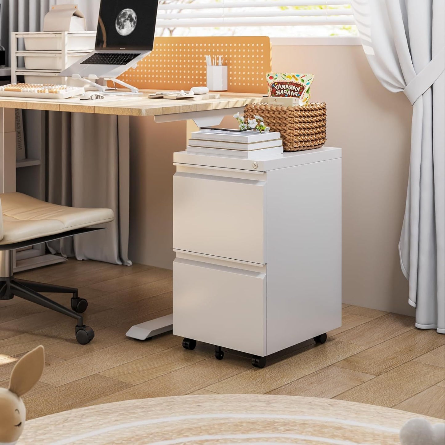 Aobabo Metal 2 Drawer Office File Cabinet With Lock, Under Desk Office Steel Mobile Cabinet On Wheels, 25.6''H Legal Letter A4 Size,White, Fully Assembled