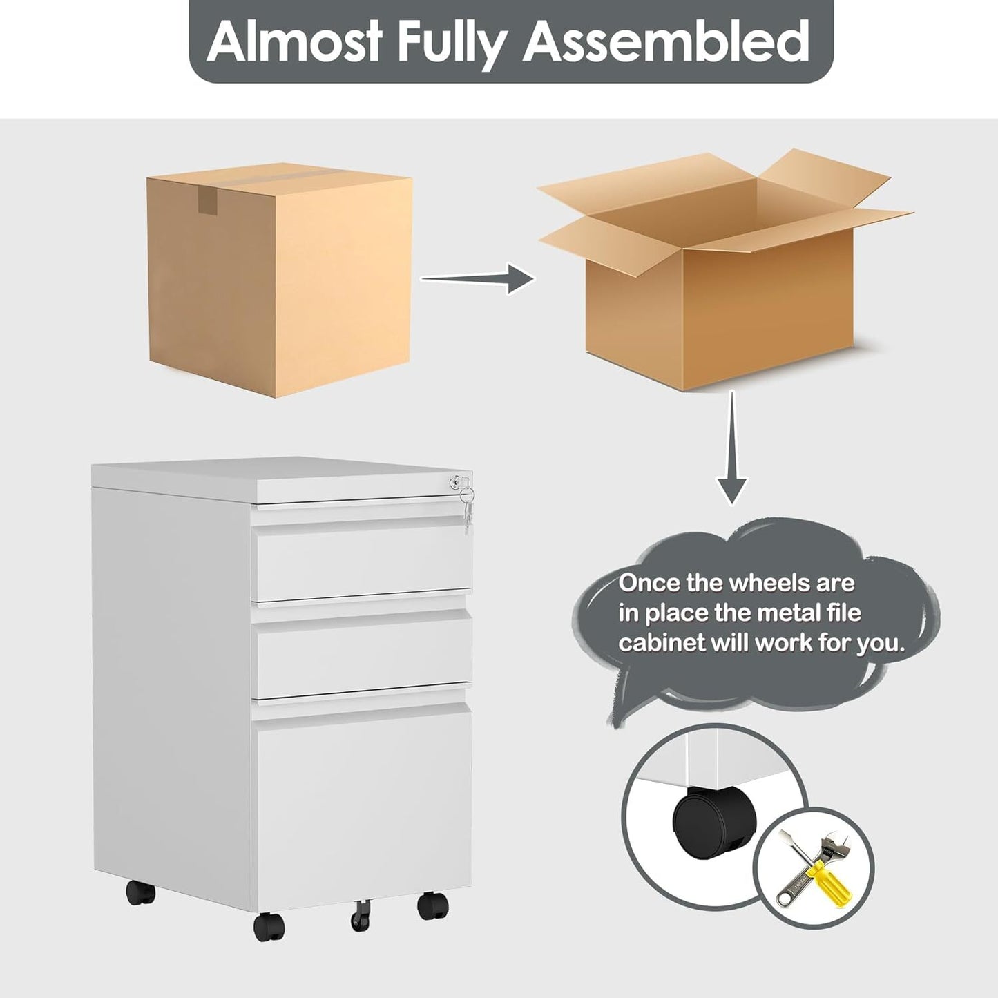3 Drawer Mobile File Cabinet With Lock, Under Desk Metal Filing Cabinet For Office,Home,A4 Legal Letter Size, Fully Assembled White