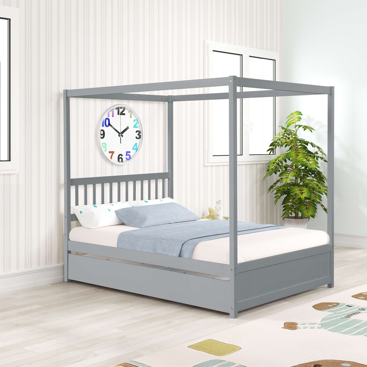 Full Size Canopy Bed With Twin Trundle, Kids Solid Wood Platform Bed Frame With Headboard, No Box Spring Needed Grey Color