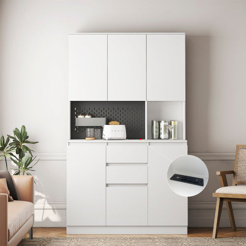 74 Inch Kitchen Storage Cabinet With Charging Station, Freestanding Buffet Cabinet With Drawer Sideboard, Modern Kitchen Storage Cabinet With Microwave Rack, Suitable For Kitchen, Living Room, Dining