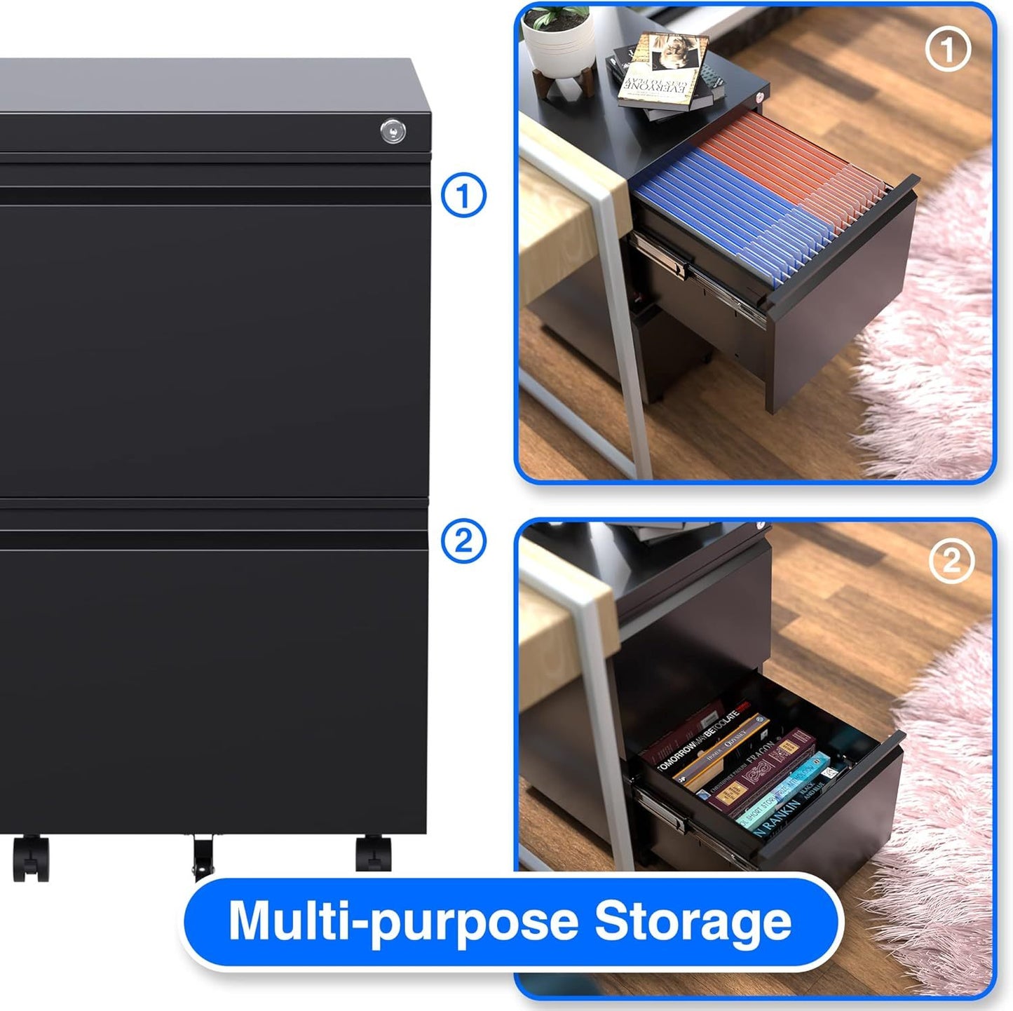 2 Drawer Vertical File Cabinet With Lock, Mobile Metal Filing Cabinet For Legal Letter Size, Office Storage File Cabinet Under Desk, Fully Assembled Except Wheels, Black