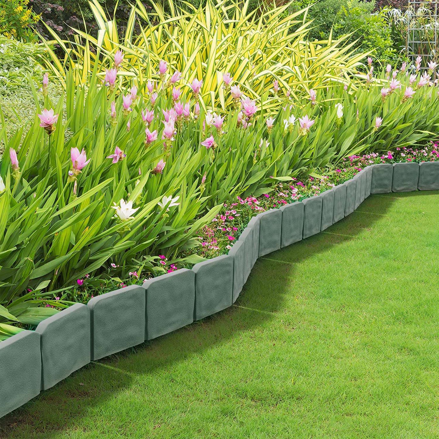 20 PCS Garden Edging Border,Imitation Stone Effect Garden Lawn Border,No Dig Flexible Lawn Edging And Flower Bed Border Grey