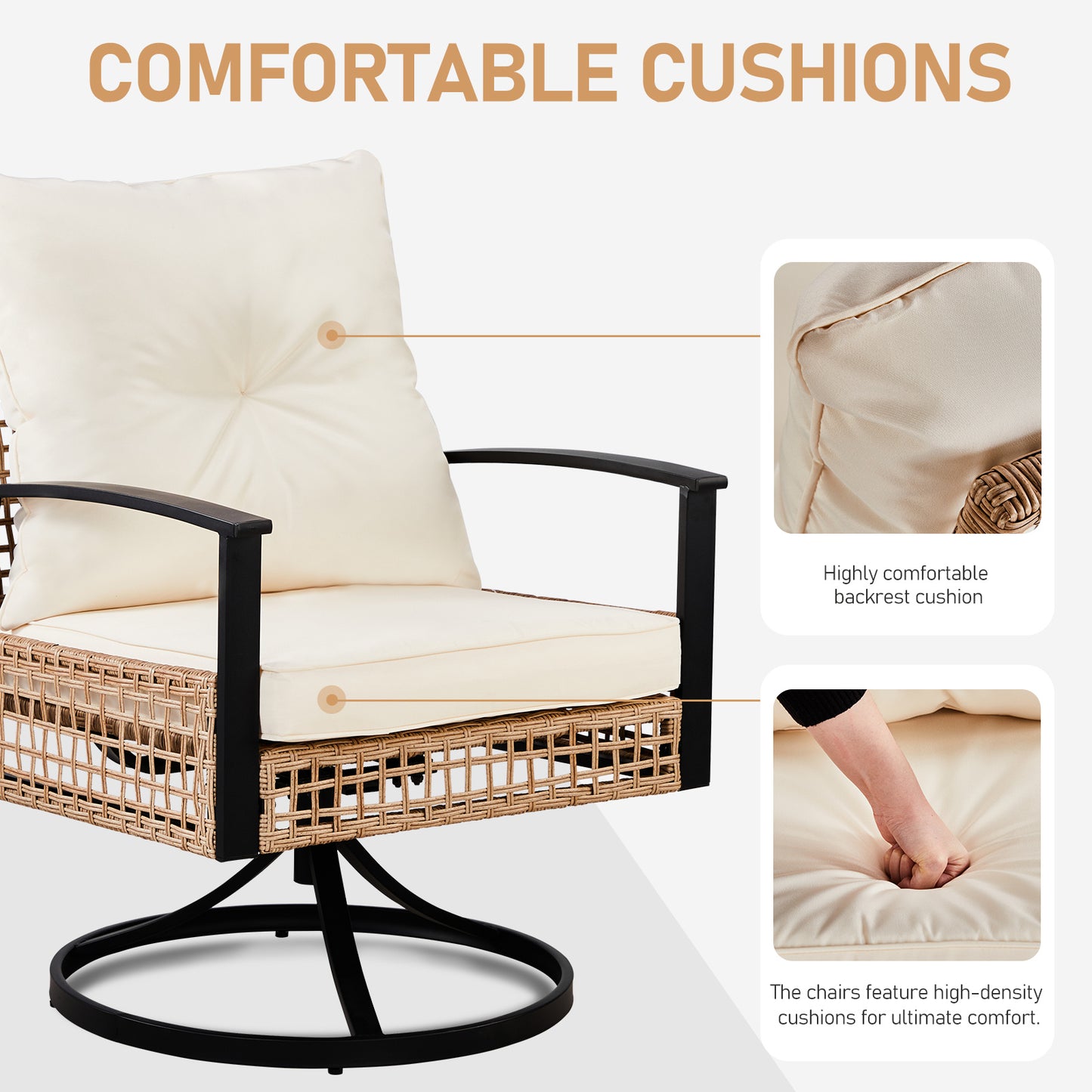 2pcs Swivel Chair And 1pc Side Table, Sparsely Braided Light Yellow Rattan, Off-white Mat, Braided Rattan Three-piece Set