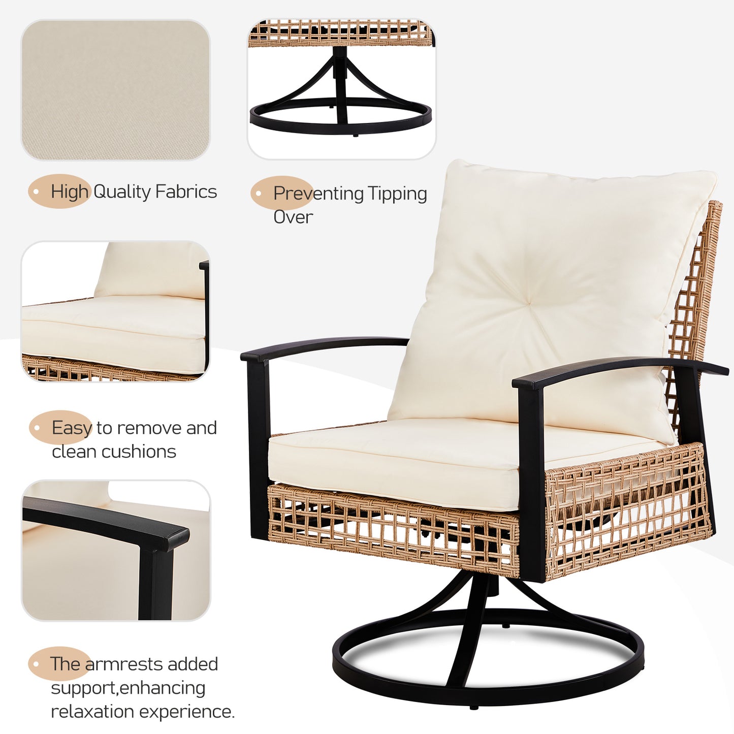 2pcs Swivel Chair And 1pc Side Table, Sparsely Braided Light Yellow Rattan, Off-white Mat, Braided Rattan Three-piece Set
