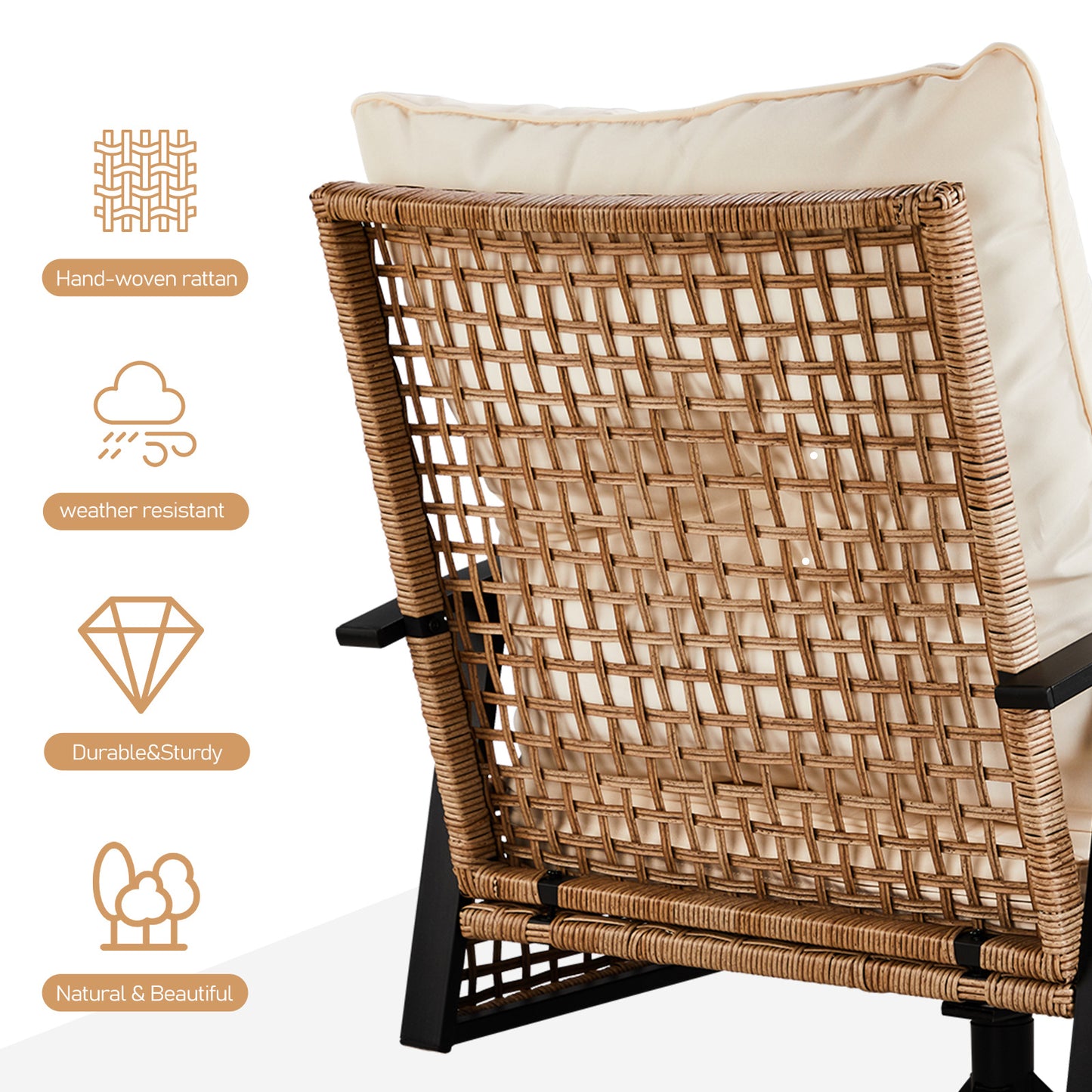 2pcs Swivel Chair And 1pc Side Table, Sparsely Braided Light Yellow Rattan, Off-white Mat, Braided Rattan Three-piece Set