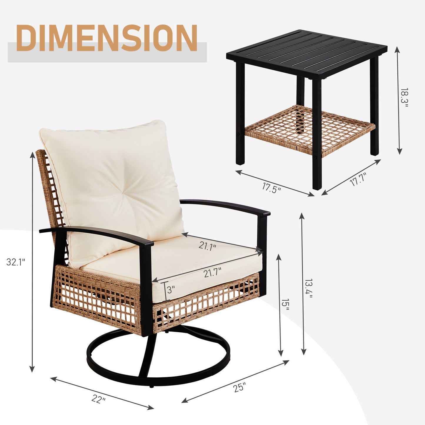 2pcs Swivel Chair And 1pc Side Table, Sparsely Braided Light Yellow Rattan, Off-white Mat, Braided Rattan Three-piece Set