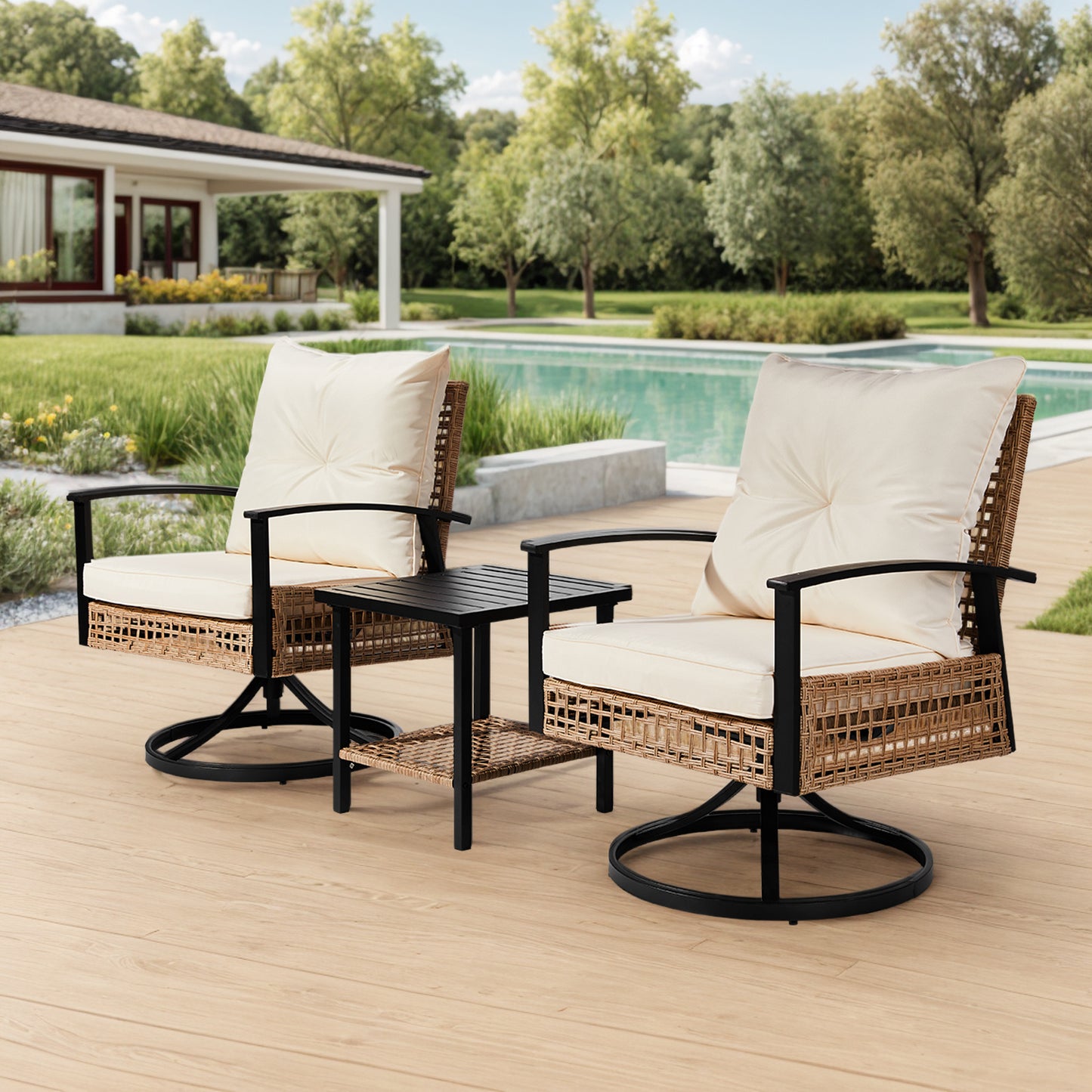 2pcs Swivel Chair And 1pc Side Table, Sparsely Braided Light Yellow Rattan, Off-white Mat, Braided Rattan Three-piece Set