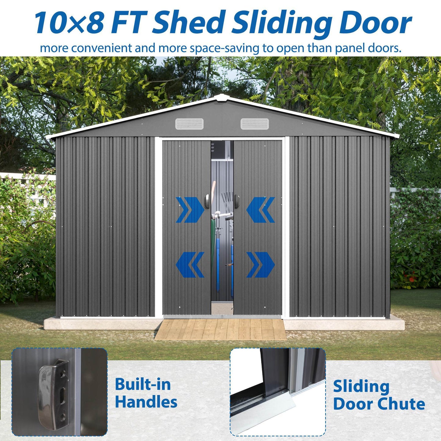 10X8 FT Outdoor Storage Shed, Metal Foundation & Lockable Doors, Tool Shed For Garden, Patio, Backyard, Lawn, Grey