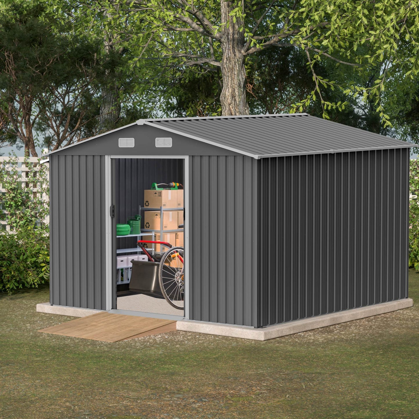 10X8 FT Outdoor Storage Shed, Metal Foundation & Lockable Doors, Tool Shed For Garden, Patio, Backyard, Lawn, Grey