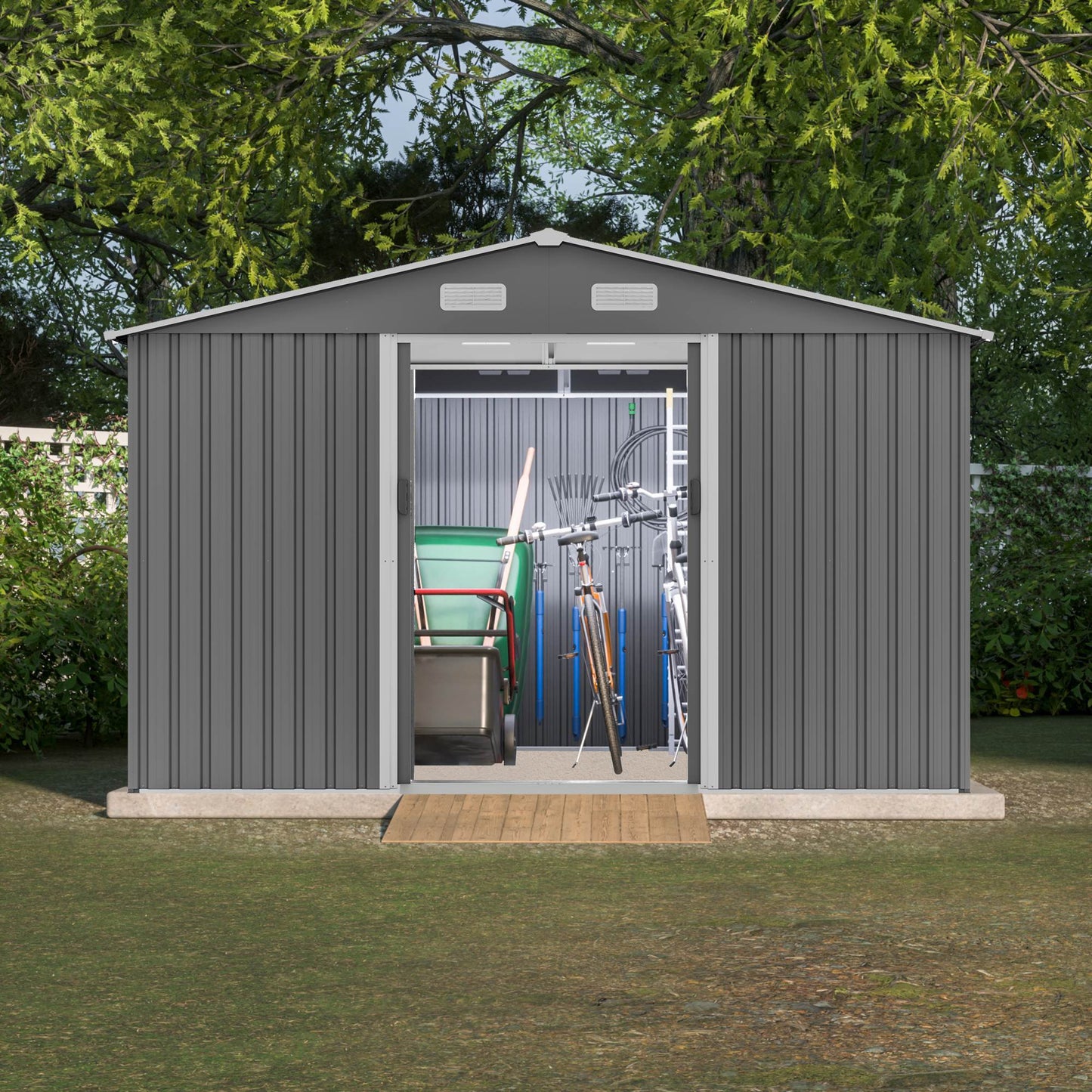 10X8 FT Outdoor Storage Shed, Metal Foundation & Lockable Doors, Tool Shed For Garden, Patio, Backyard, Lawn, Grey