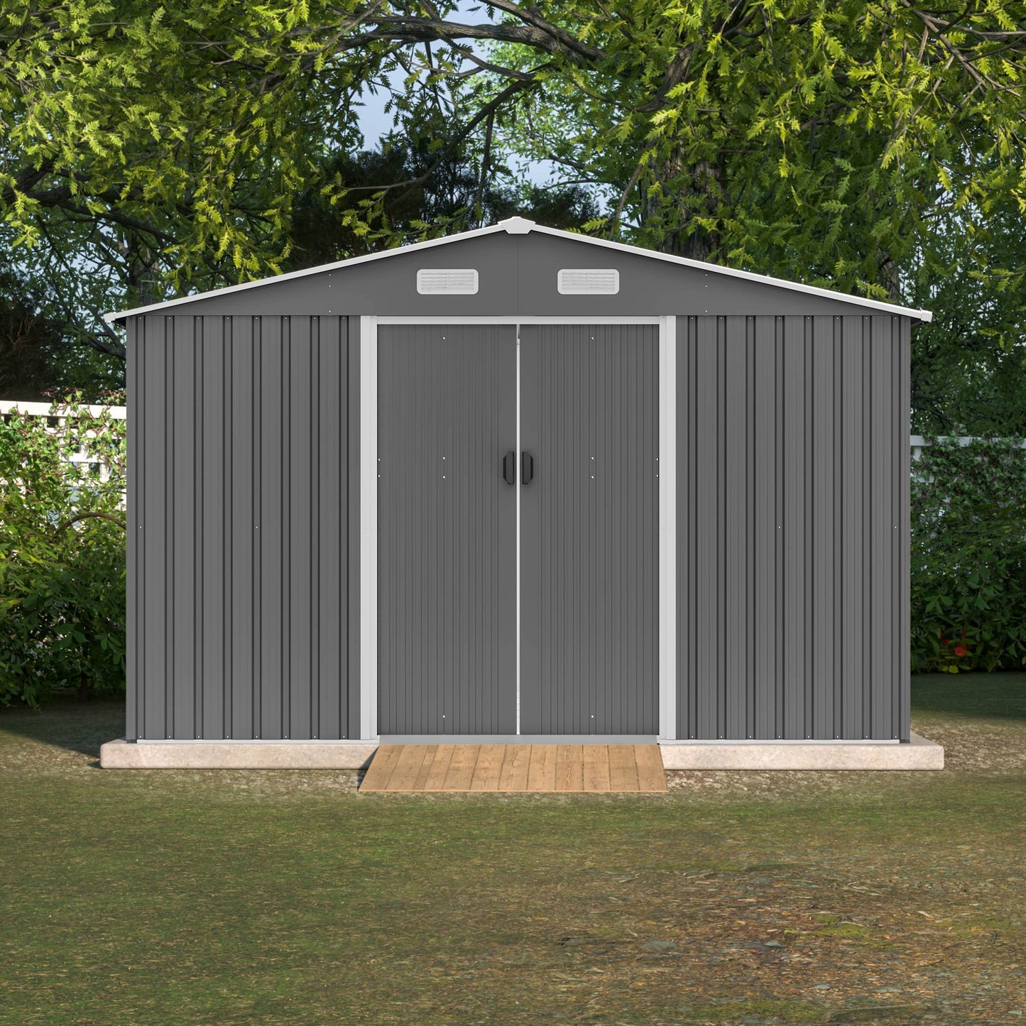 10X8 FT Outdoor Storage Shed, Metal Foundation & Lockable Doors, Tool Shed For Garden, Patio, Backyard, Lawn, Grey