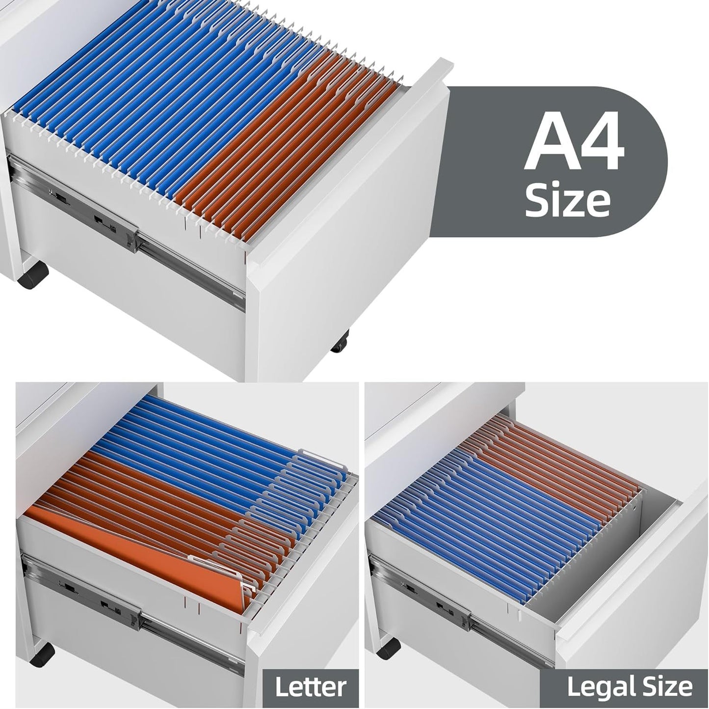 3 Drawer Mobile File Cabinet With Lock, Under Desk Metal Filing Cabinet For Office,Home,A4 Legal Letter Size, Fully Assembled White