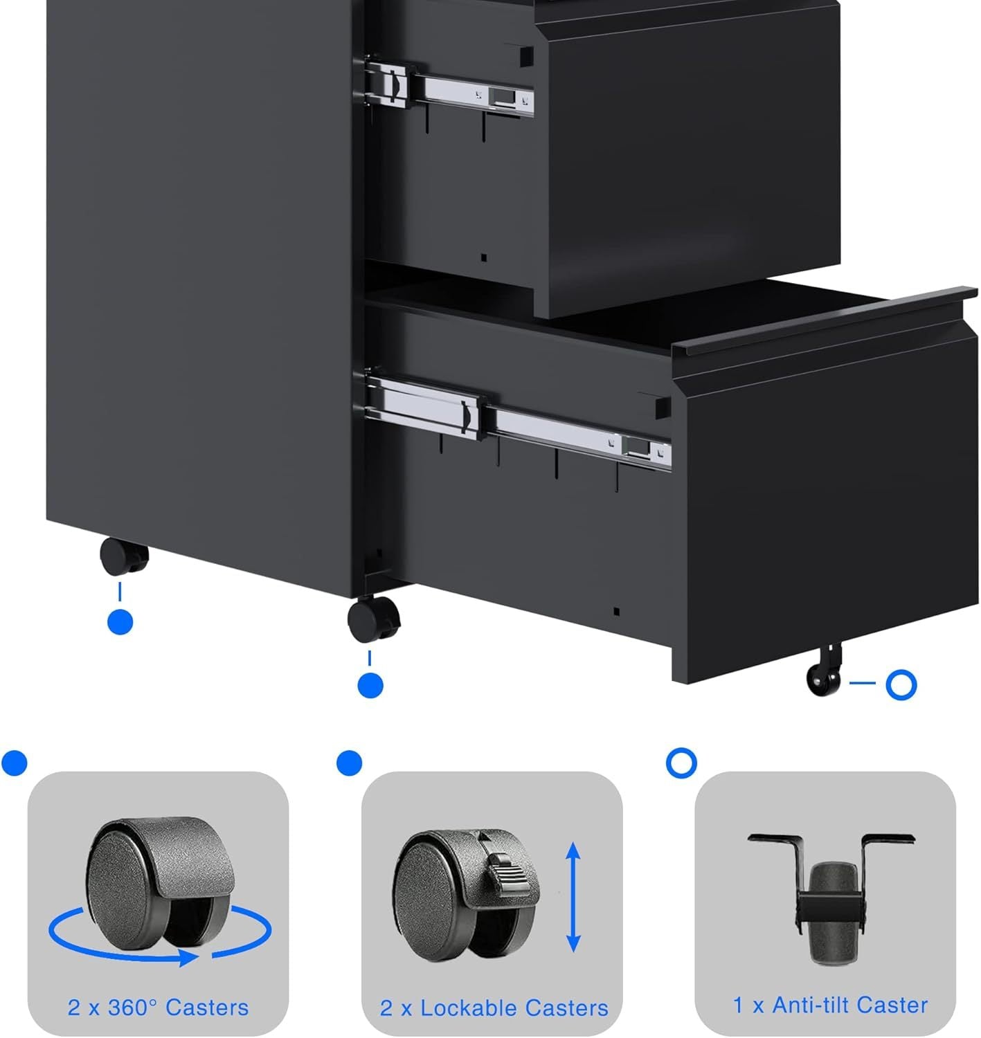 2 Drawer Vertical File Cabinet With Lock, Mobile Metal Filing Cabinet For Legal Letter Size, Office Storage File Cabinet Under Desk, Fully Assembled Except Wheels, Black
