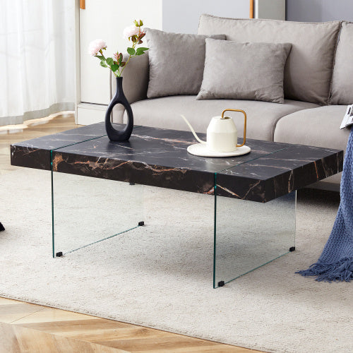 43.3x23.6 Black Marble-Patterned MDF Coffee Table With Tempered Glass Legs.Suitable For Living Room.It Can Be Used Not Only As A Coffee Table But Also As A Side Table Or Display Stand.
