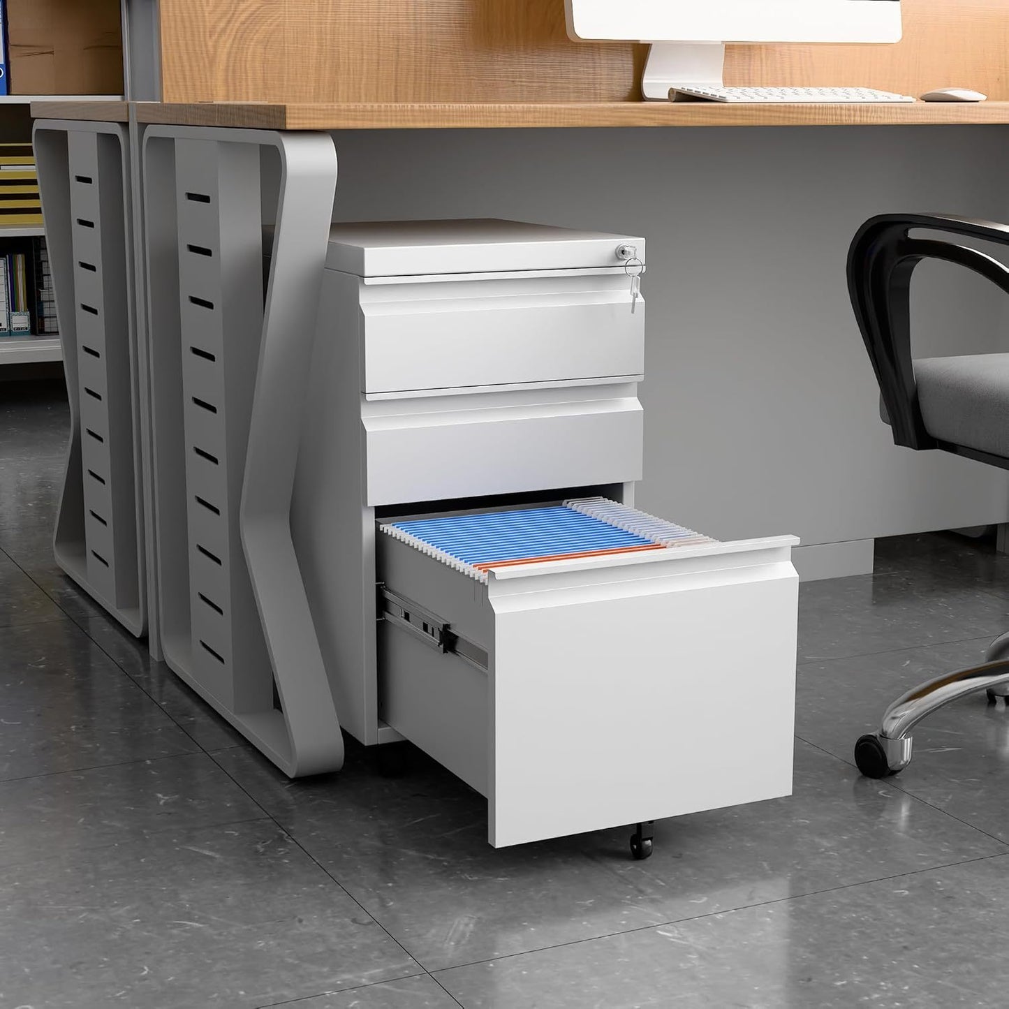 3 Drawer Mobile File Cabinet With Lock, Under Desk Metal Filing Cabinet For Office,Home,A4 Legal Letter Size, Fully Assembled White