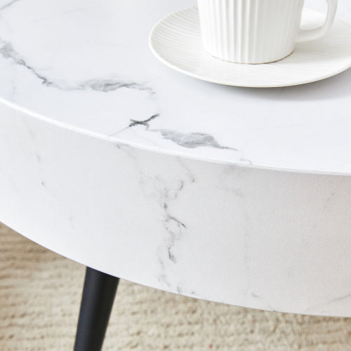 31.5 White Marble-Patterned MDF Round Coffee Table With Black Metal Legs.Adjustable Feet,Coffee Table,Round Table Design,MDF Material,White Marble Pattern.
