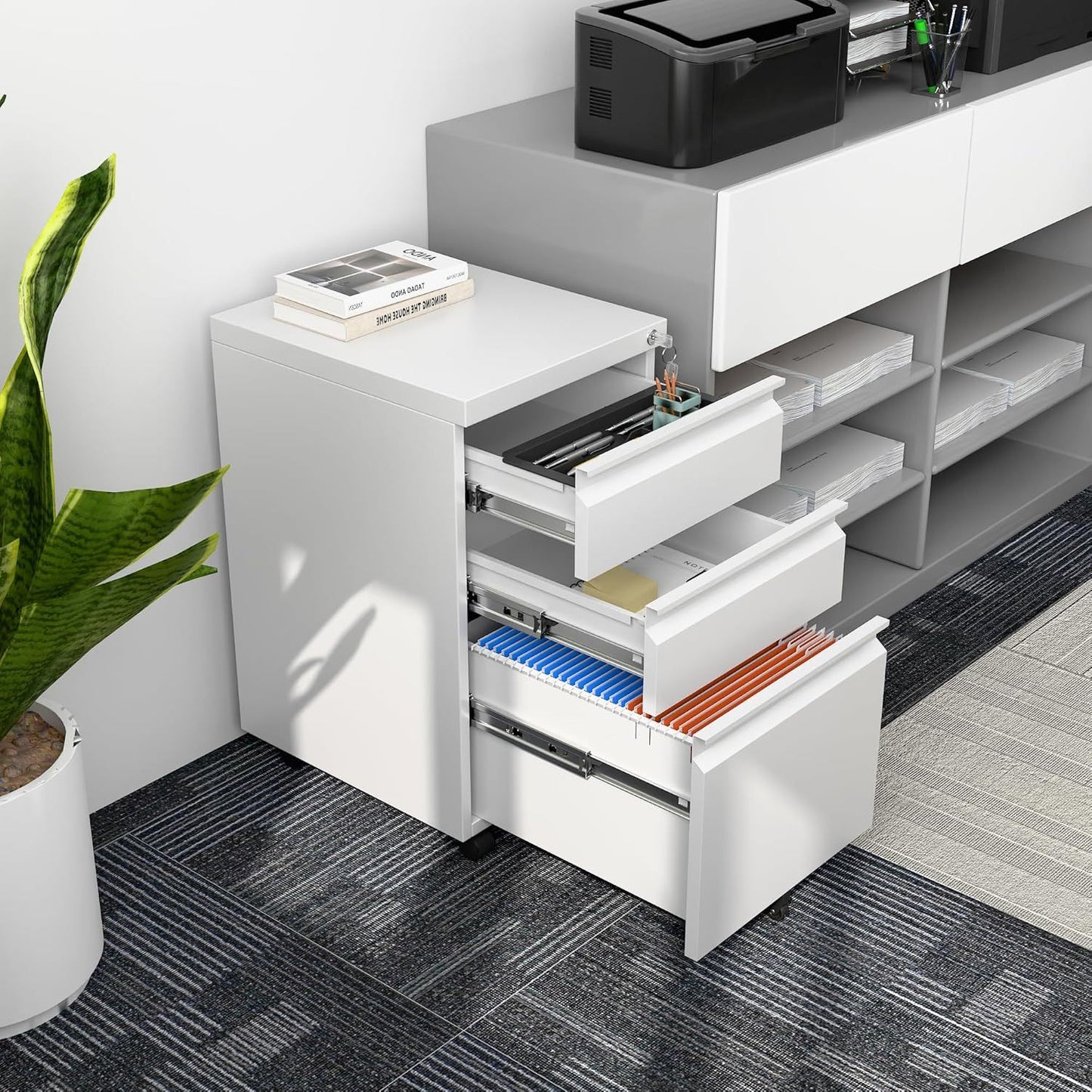 3 Drawer Mobile File Cabinet With Lock, Under Desk Metal Filing Cabinet For Office,Home,A4 Legal Letter Size, Fully Assembled White