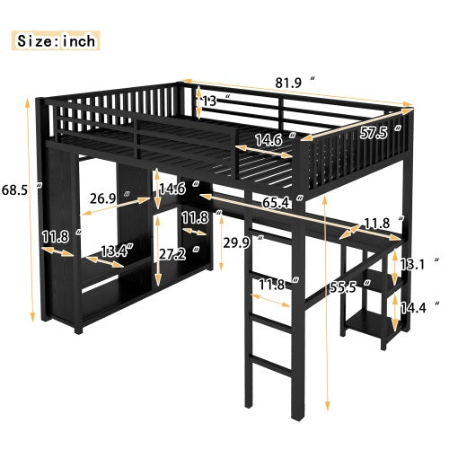 Full XL Size Loft Bed Frame With Built-in Wardrobe, Metal Loft Bed With Desk And Storage Shelves, Black