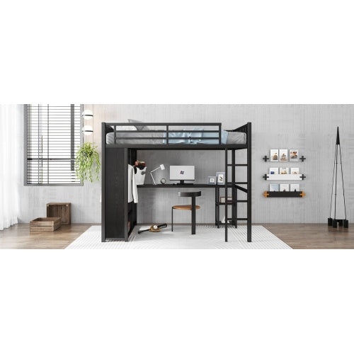 Full XL Size Loft Bed Frame With Built-in Wardrobe, Metal Loft Bed With Desk And Storage Shelves, Black