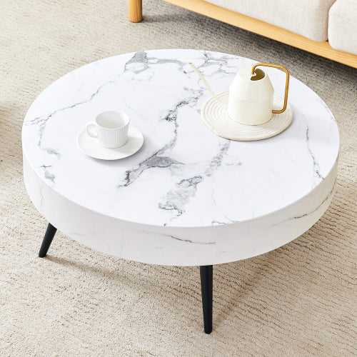 31.5 White Marble-Patterned MDF Round Coffee Table With Black Metal Legs.Adjustable Feet,Coffee Table,Round Table Design,MDF Material,White Marble Pattern.
