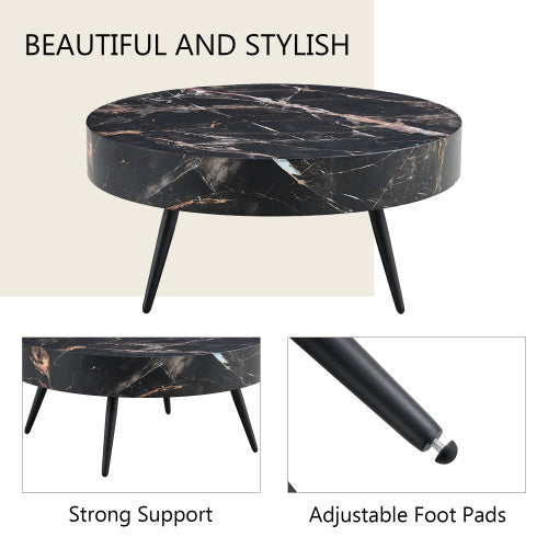 31.5 Black Marble-Patterned MDF Round Coffee Table With Black Metal Legs.Adjustable Feet,Coffee Table,Round Table Design,MDF Material,Black Marble Pattern.