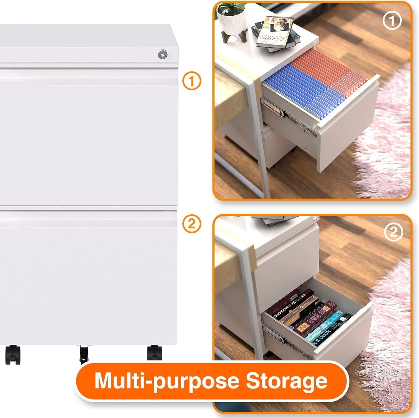 Aobabo Metal 2 Drawer Office File Cabinet With Lock, Under Desk Office Steel Mobile Cabinet On Wheels, 25.6''H Legal Letter A4 Size,White, Fully Assembled