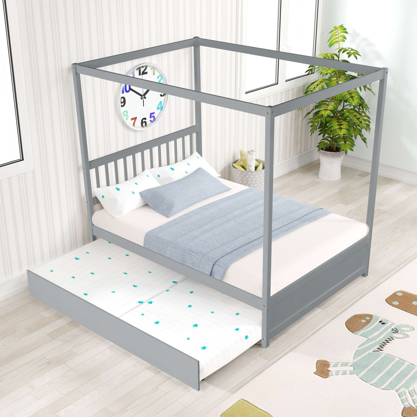 Full Size Canopy Bed With Twin Trundle, Kids Solid Wood Platform Bed Frame With Headboard, No Box Spring Needed Grey Color