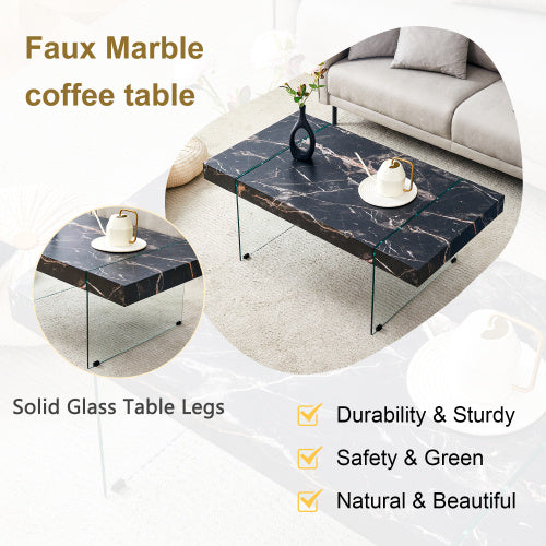43.3x23.6 Black Marble-Patterned MDF Coffee Table With Tempered Glass Legs.Suitable For Living Room.It Can Be Used Not Only As A Coffee Table But Also As A Side Table Or Display Stand.