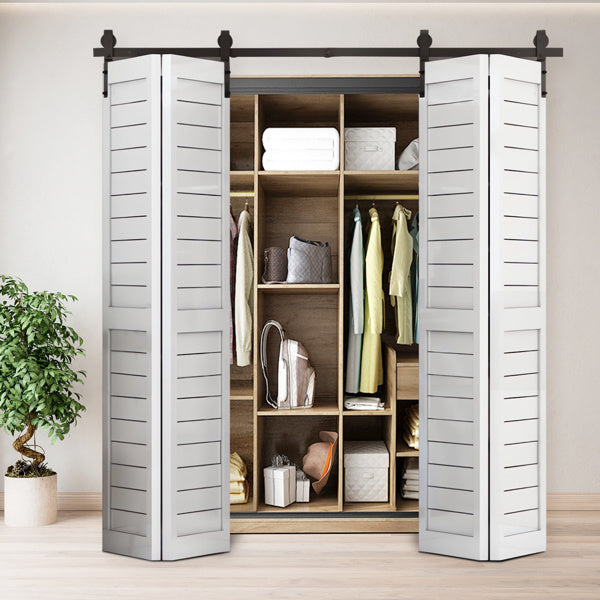 Black Metal Powder Coated 60 Inch Folding Sliding 4-door J-shaped, Hardware Slide Rail