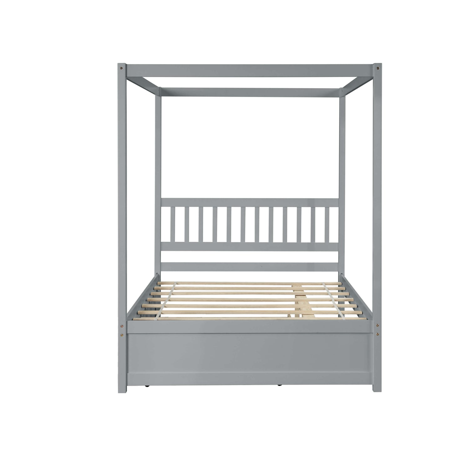 Full Size Canopy Bed With Twin Trundle, Kids Solid Wood Platform Bed Frame With Headboard, No Box Spring Needed Grey Color