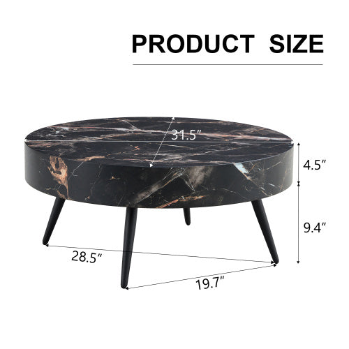 31.5 Black Marble-Patterned MDF Round Coffee Table With Black Metal Legs.Adjustable Feet,Coffee Table,Round Table Design,MDF Material,Black Marble Pattern.