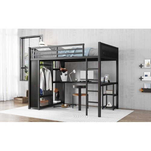 Full XL Size Loft Bed Frame With Built-in Wardrobe, Metal Loft Bed With Desk And Storage Shelves, Black