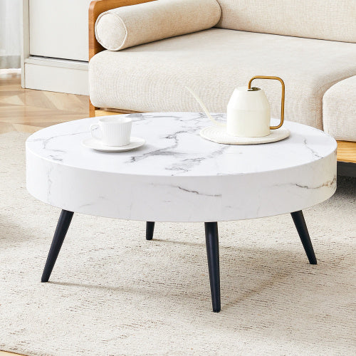 31.5 White Marble-Patterned MDF Round Coffee Table With Black Metal Legs.Adjustable Feet,Coffee Table,Round Table Design,MDF Material,White Marble Pattern.