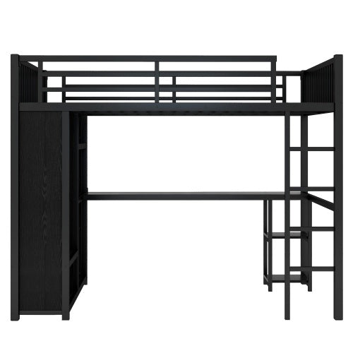 Full XL Size Loft Bed Frame With Built-in Wardrobe, Metal Loft Bed With Desk And Storage Shelves, Black