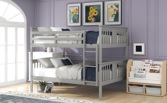 Full Over Full Bunk Bed With Ladder For Bedroom, Guest Room-Gray