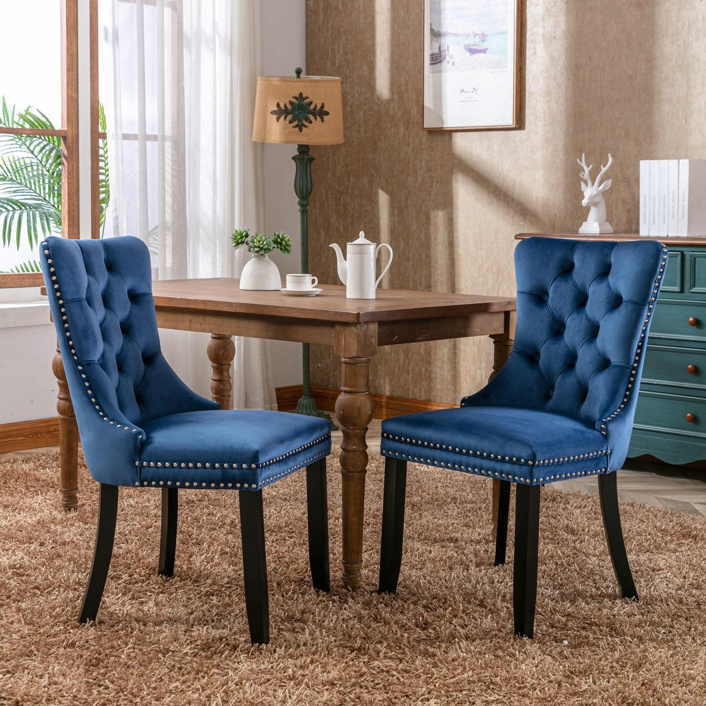 Modern High-end Tufted Solid Wood Contemporary Velvet Cushioned Dining Chair, 2-piece Set With Wooden Leg Nail Head Trim, Blue