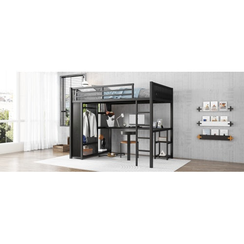 Full XL Size Loft Bed Frame With Built-in Wardrobe, Metal Loft Bed With Desk And Storage Shelves, Black