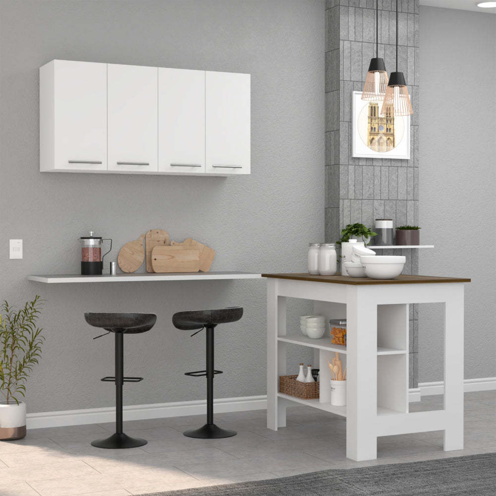 Burlingame 5-Shelf 4-Door 2-piece Kitchen Set, Kitchen Island And Upper Wall Cabinet White And Walnut