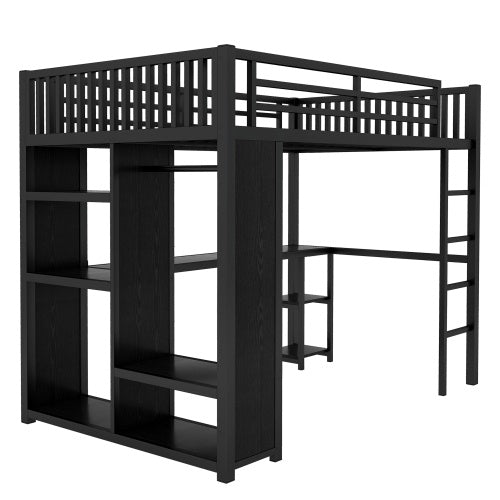 Full XL Size Loft Bed Frame With Built-in Wardrobe, Metal Loft Bed With Desk And Storage Shelves, Black