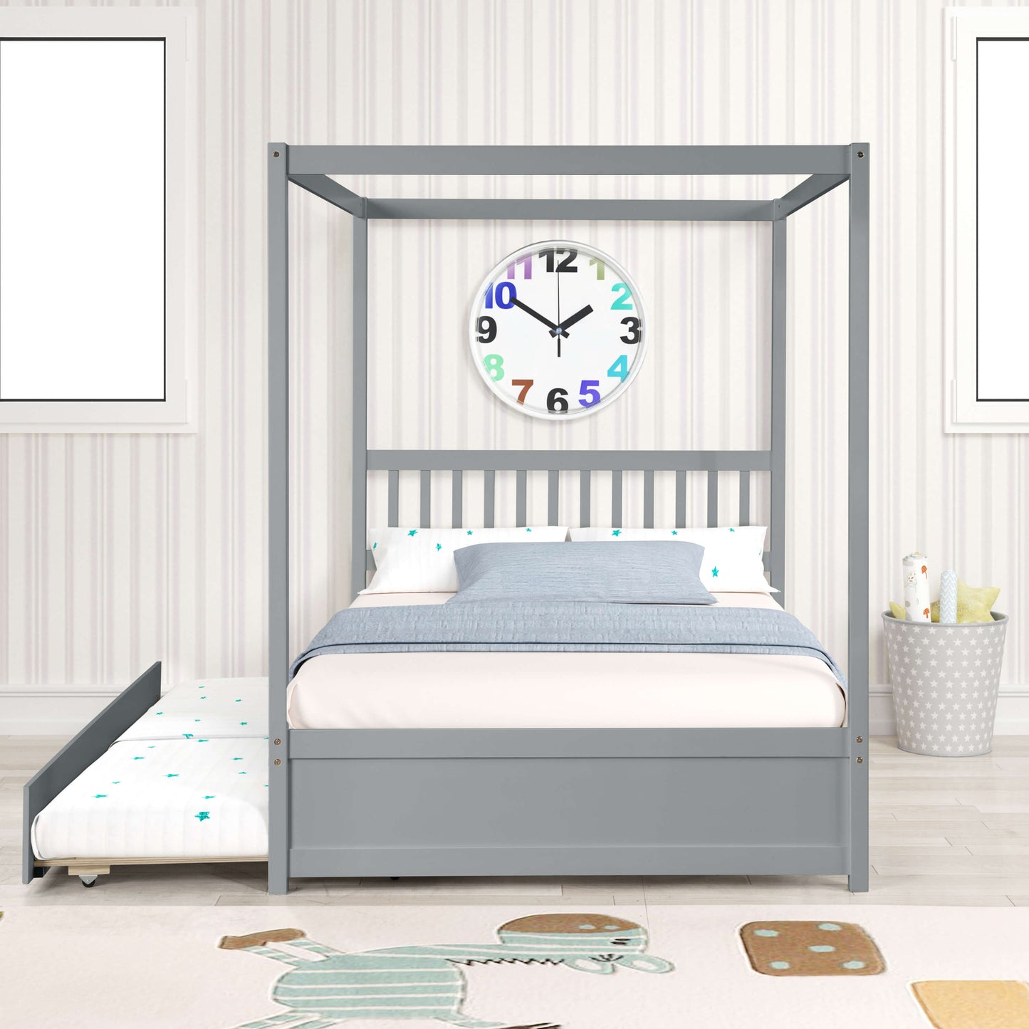 Full Size Canopy Bed With Twin Trundle, Kids Solid Wood Platform Bed Frame With Headboard, No Box Spring Needed Grey Color