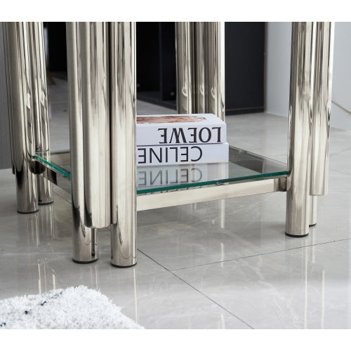 Modern Stainless Steel Coffee Table Set  Set Of 2, Double-Layer Clear Tempered Glass Table Top, Coffee Table  End Side Table 2-Pieces Sets For Living Room Home Office