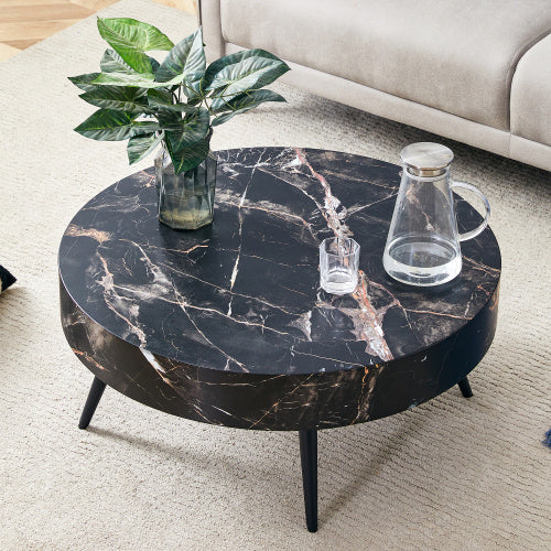 31.5 Black Marble-Patterned MDF Round Coffee Table With Black Metal Legs.Adjustable Feet,Coffee Table,Round Table Design,MDF Material,Black Marble Pattern.