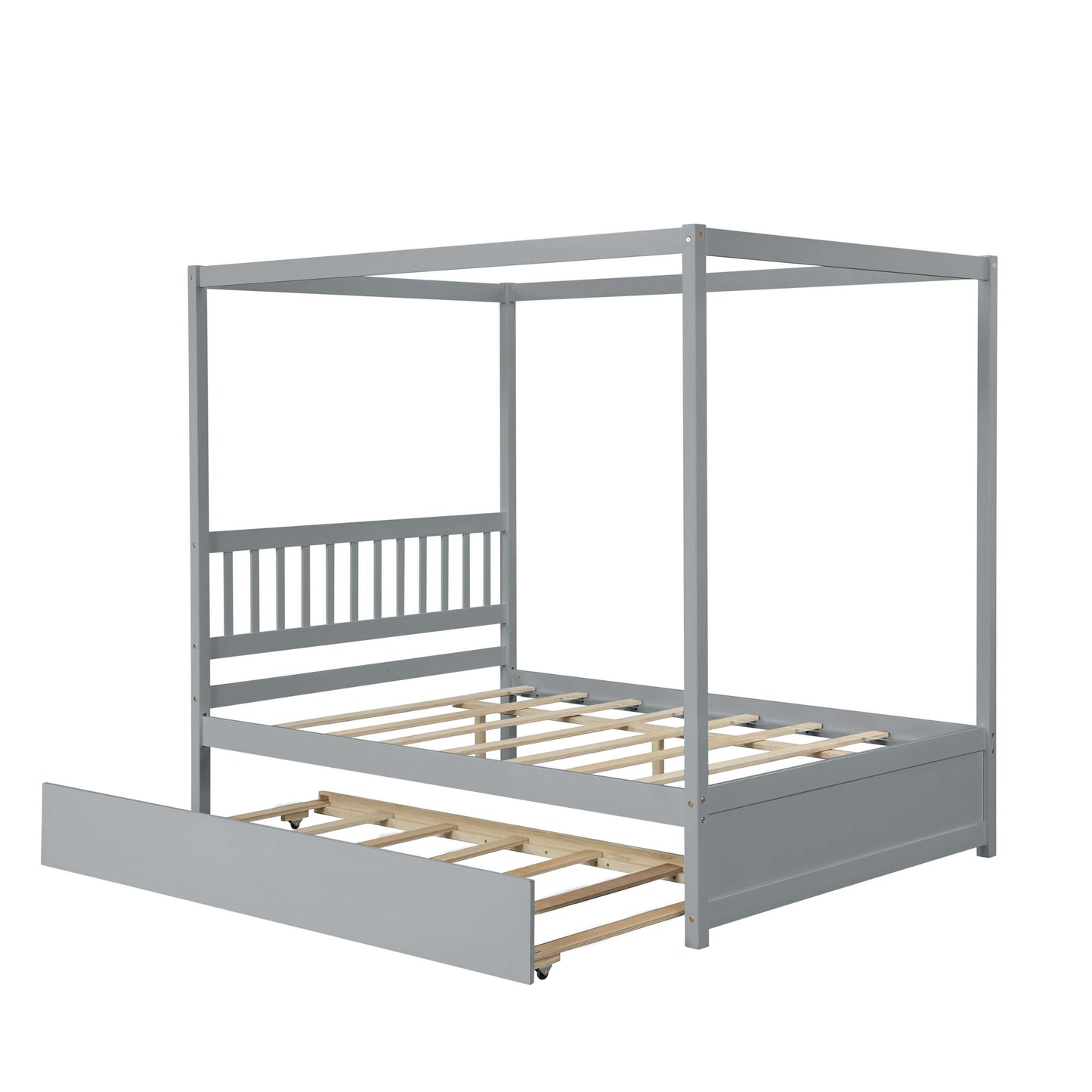 Full Size Canopy Bed With Twin Trundle, Kids Solid Wood Platform Bed Frame With Headboard, No Box Spring Needed Grey Color