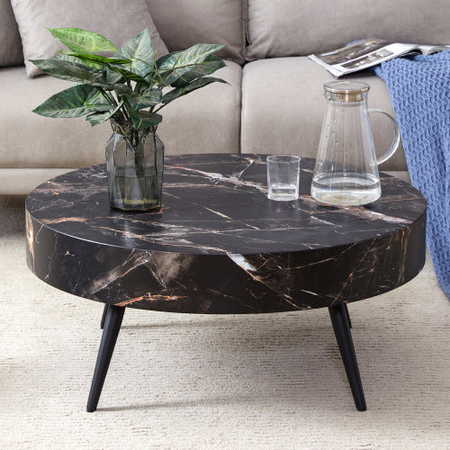 31.5 Black Marble-Patterned MDF Round Coffee Table With Black Metal Legs.Adjustable Feet,Coffee Table,Round Table Design,MDF Material,Black Marble Pattern.