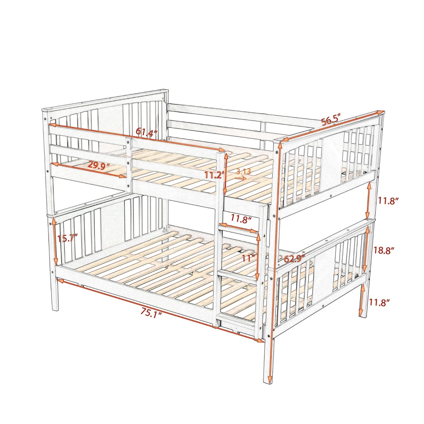 Full Over Full Bunk Bed With Ladder For Bedroom, Guest Room-Gray