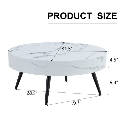 31.5 White Marble-Patterned MDF Round Coffee Table With Black Metal Legs.Adjustable Feet,Coffee Table,Round Table Design,MDF Material,White Marble Pattern.