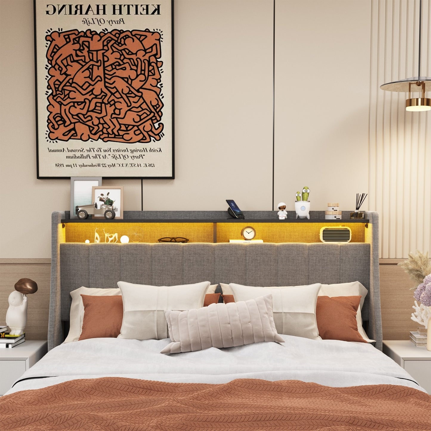 Queen Size Bed Frame With LED, Storage Drawers, Wings Headboard - Light Gray