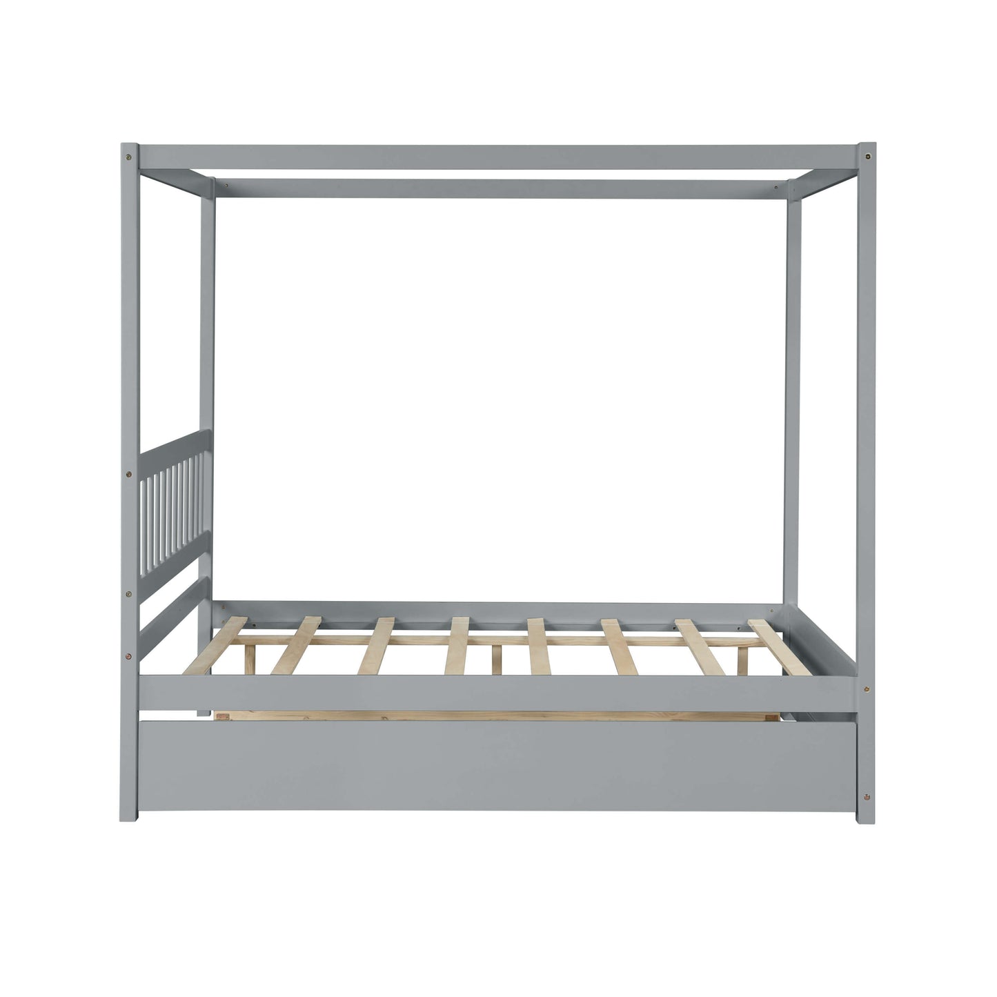 Full Size Canopy Bed With Twin Trundle, Kids Solid Wood Platform Bed Frame With Headboard, No Box Spring Needed Grey Color